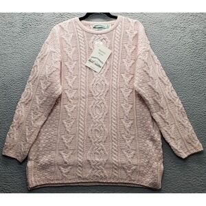 Vintage Aran Crafts Ireland Knitted Sweater Womens XL Pink Merino Wool Crew Neck